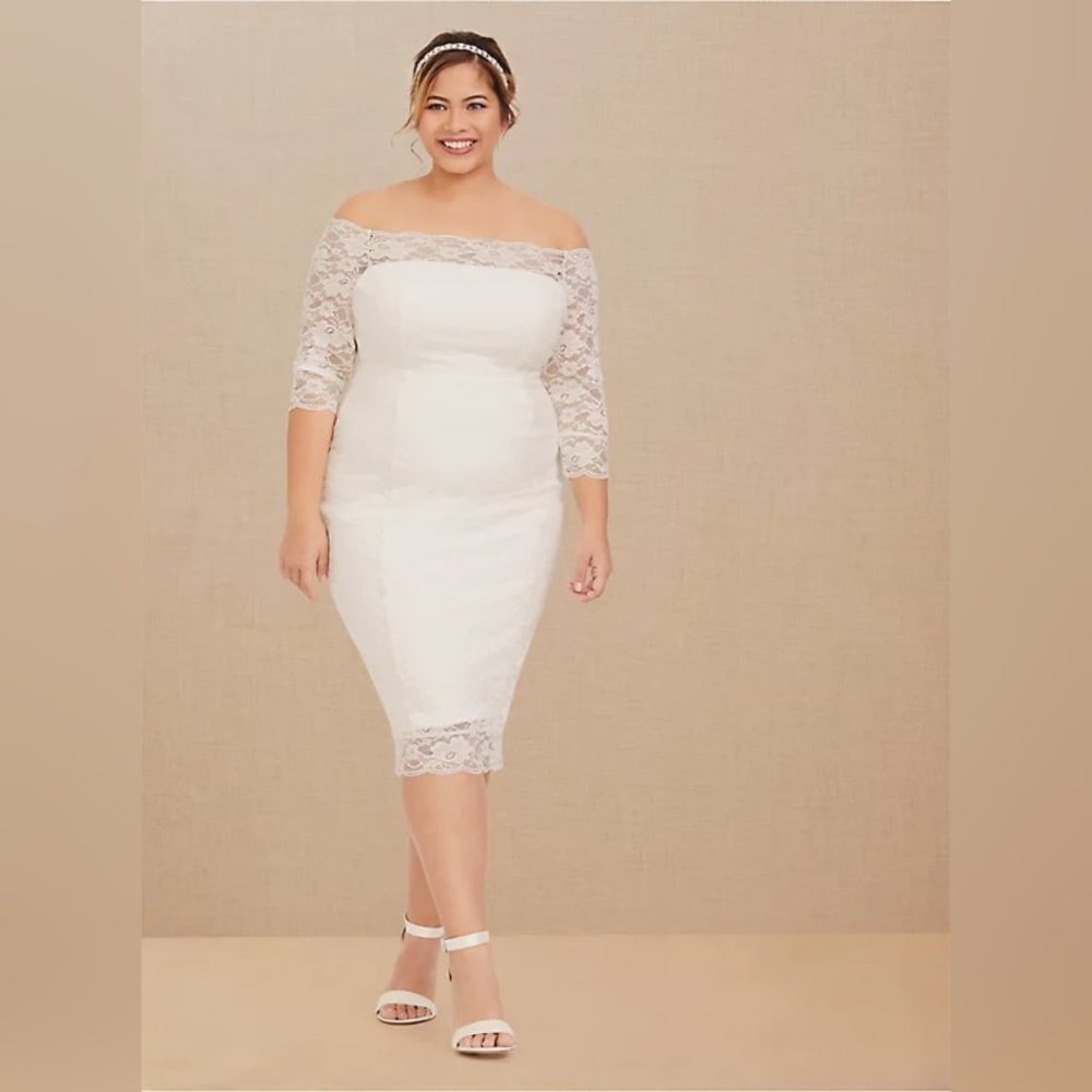Torrid Special Occasion Ivory Lace Off Shoulder Bodycon Dress
